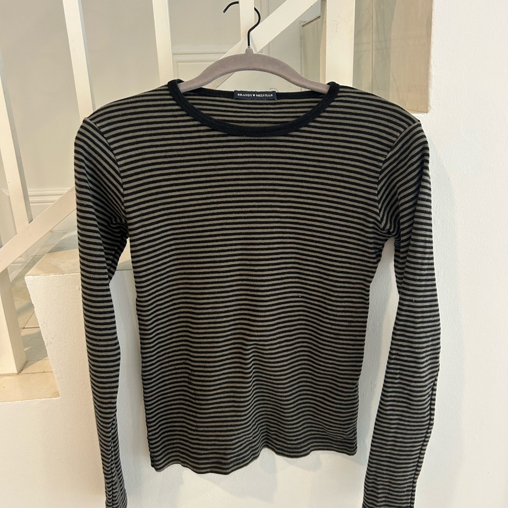 Brandy Melville Black and Green/Gray Striped Long Sleeve Top